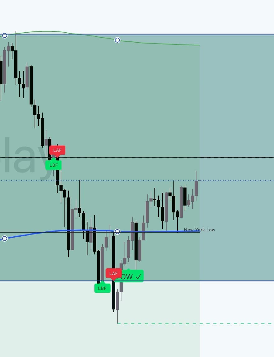 A sharp decline on the MNQ one-minute chart. An LAF and an LBF print at a mid-zone boundary and price keeps falling to the next boundary below before a later LBF and LOW check mark print.